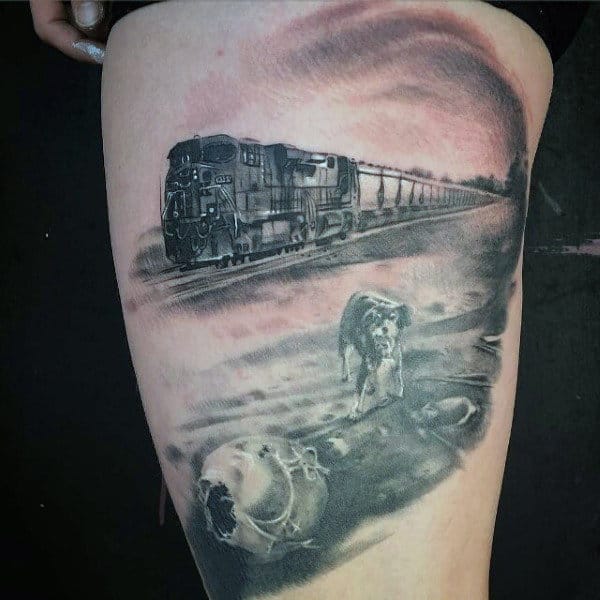 Dog Walking By Railroad Tracks Thigh Tattoo On Male