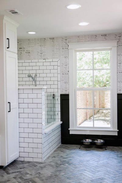 small tile dog shower food and water bowls 