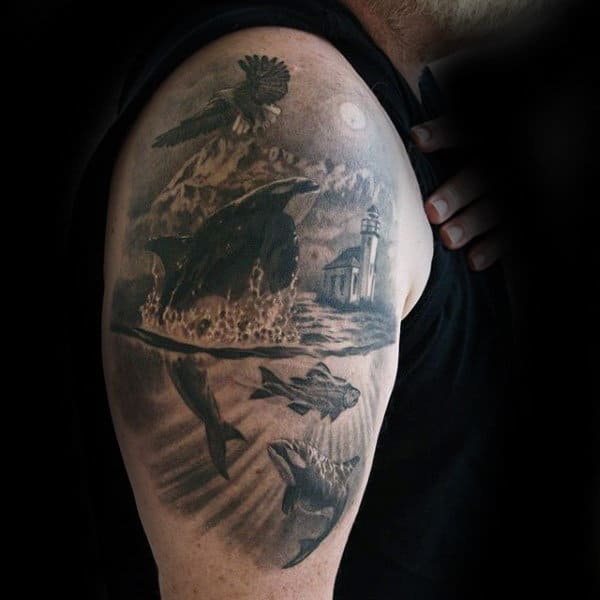 Dolphin In The Water Mens 3d Landscape Upper Arm Tattoo
