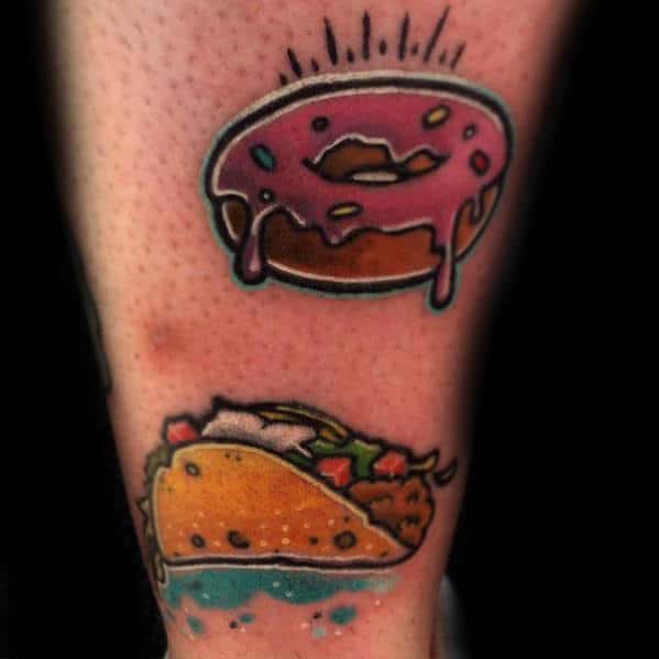 Donut With Taco Guys Back Of Leg Tattoos