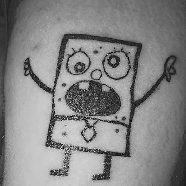 Simple black line tattoo of DoodleBob with a surprised expression, wide open mouth, and raised arms with fingers crossed.