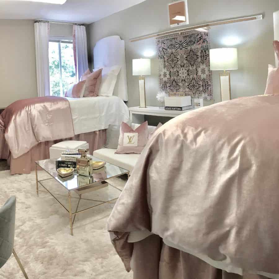 luxury dorm room glass table pink bedspreads