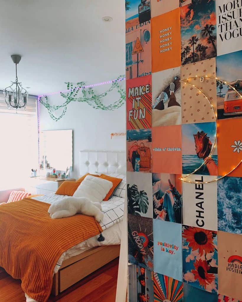fancy girls bedroom with orange rug on bed
