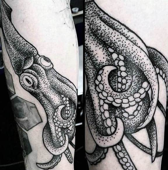 Dot Work Squid Tattoo For Men On Forearm In Black