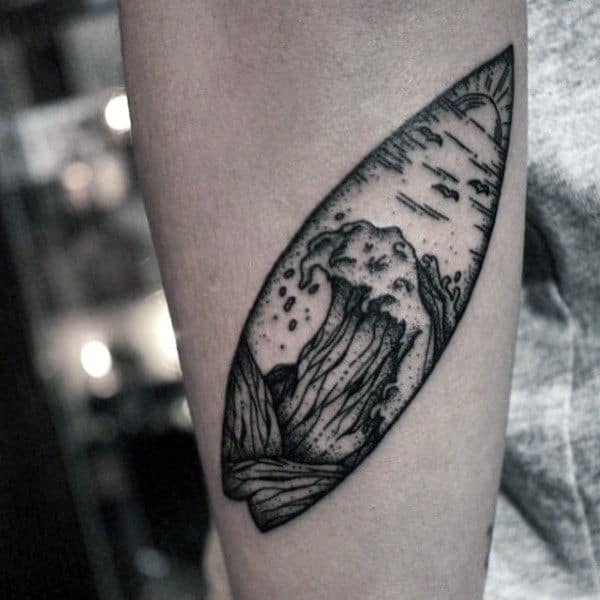 Doted Grey Surf Board Tattoo Male Forearms