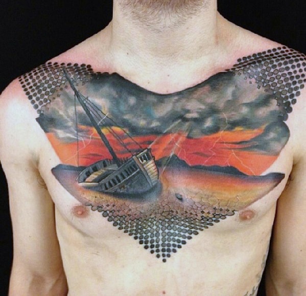 Dots With Ship Washed On Shore Mens Badass Abstract Chest Tattoo