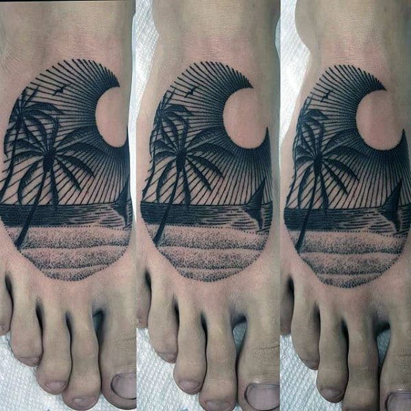 Dotted And Lined Palm Tree Tattoo On Feet For Males