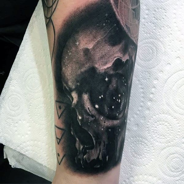 Dotted And Shaded Skull Astronomy Tattoo Male Forearms