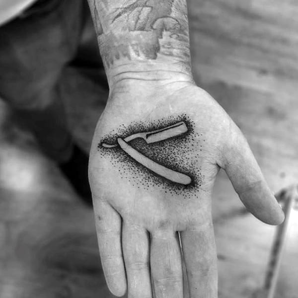Dotted Black Straight Razor Tattoo Male Palm
