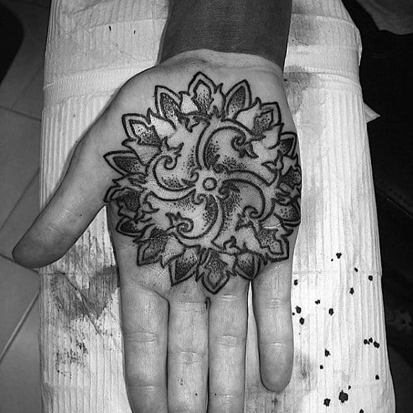 Dotted Grey Flower Tattoo Male Palms