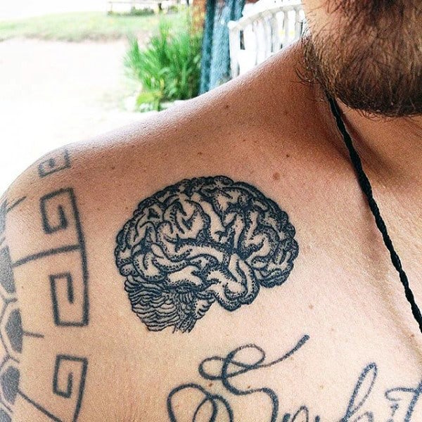 Dotted Grey Mens Brain Tattoo On Chest