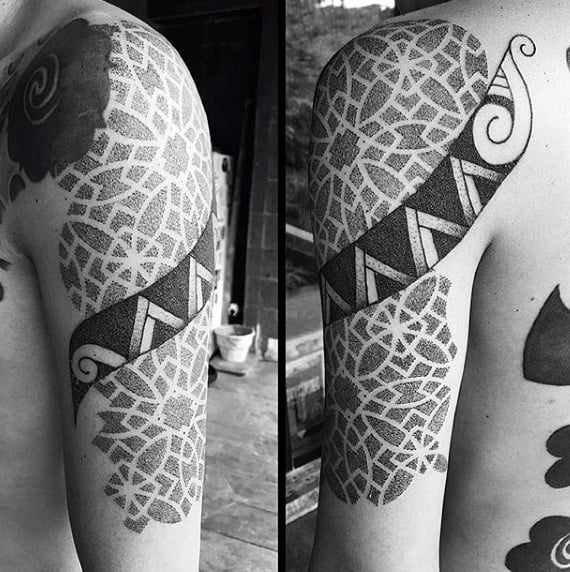 Dotted Pattern Tattoo With Ribbon Male Arms