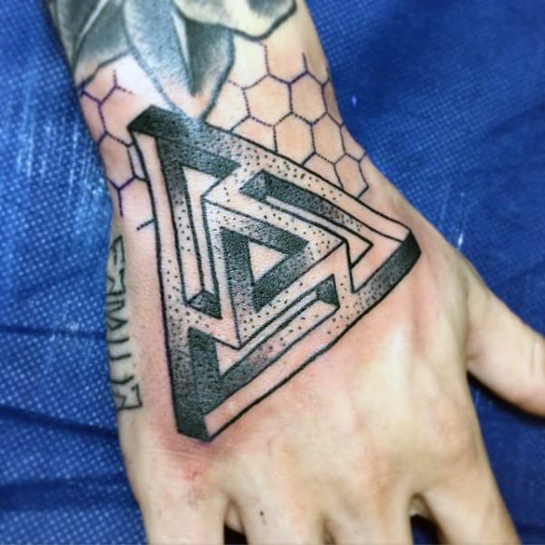 Dotted Penrose Triangle Tattoo On Hands For Men