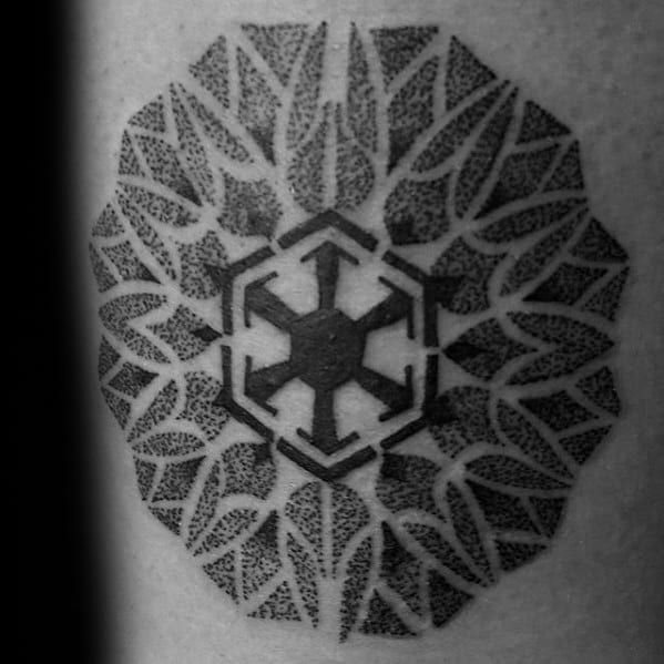 Black Sith Empire symbol tattoo centered within a mandala-style geometric pattern made of intricate dotwork and leaf-like shapes.