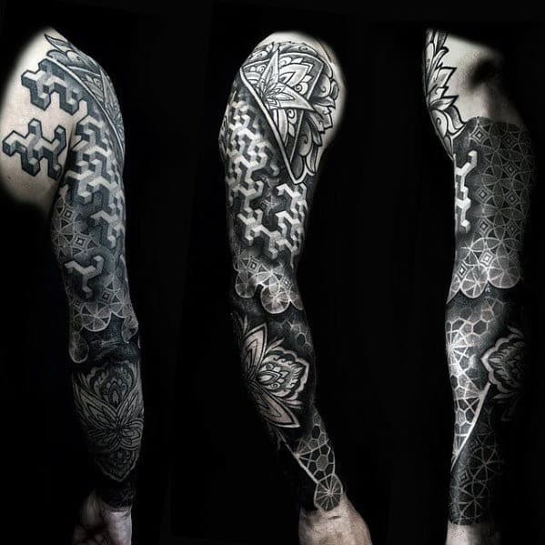 Dotwork 3d Geometric Black And Grey Ink Sleeve Tattoo Ideas For Guys