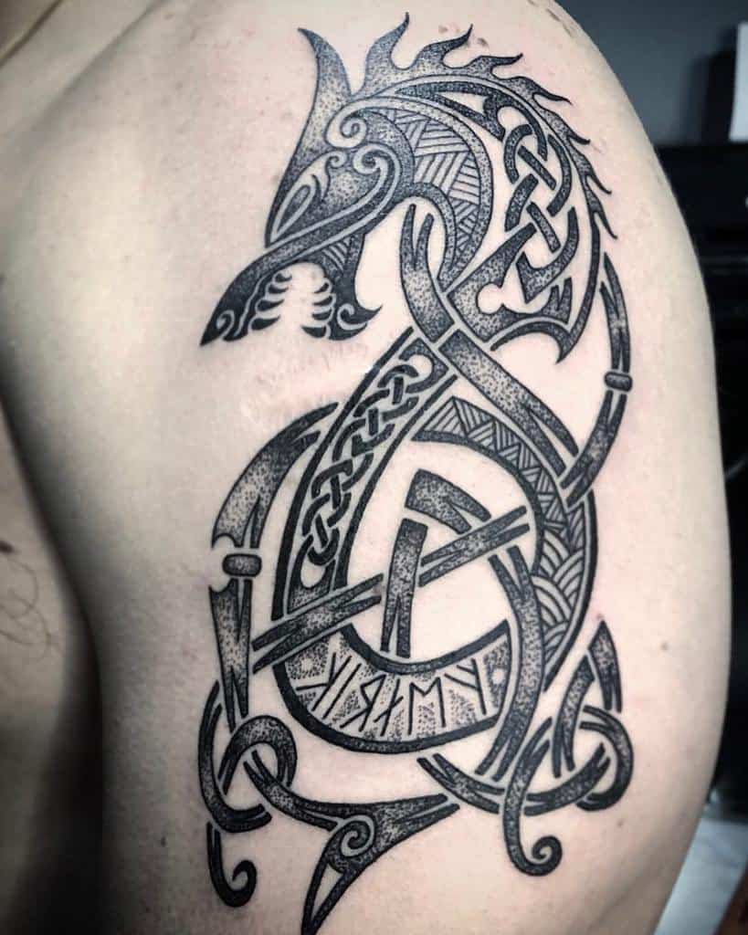 Stylized dotwork tattoo featuring a Norse wolf in intricate Celtic knotwork, combined with runes for a traditional Viking aesthetic