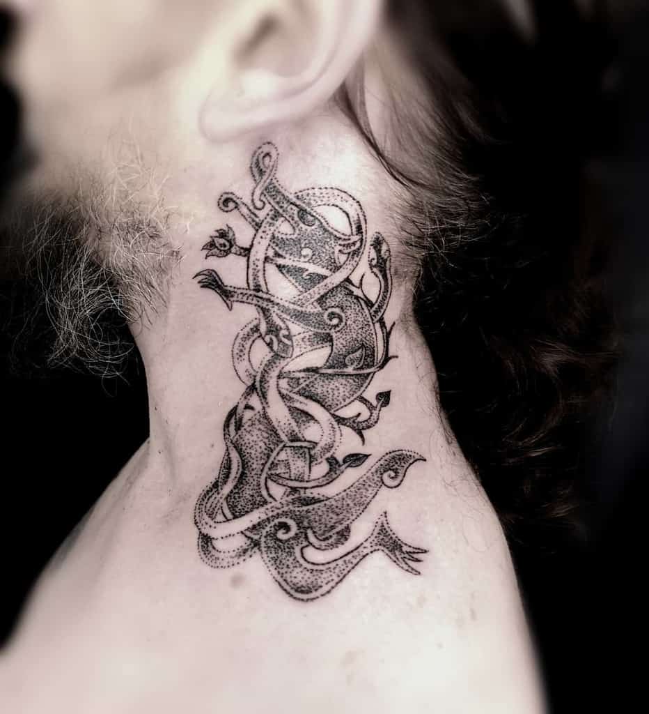 Neck tattoo showcases a Norse-inspired wolf in detailed dotwork, entwined with intricate knot designs, symbolizing unity and strength