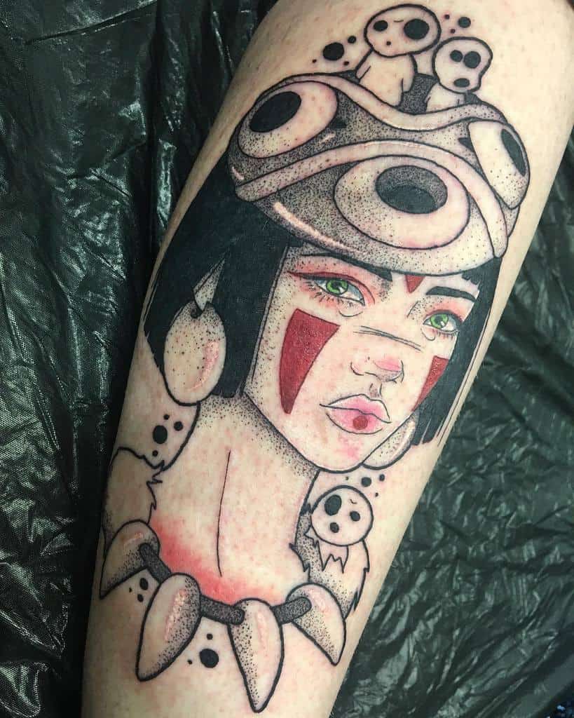 Black and gray tattoo of a character wearing a wolf mask and adorned with bone necklaces, featuring red markings on their face and green eyes, with additional skulls above their head, on the forearm.