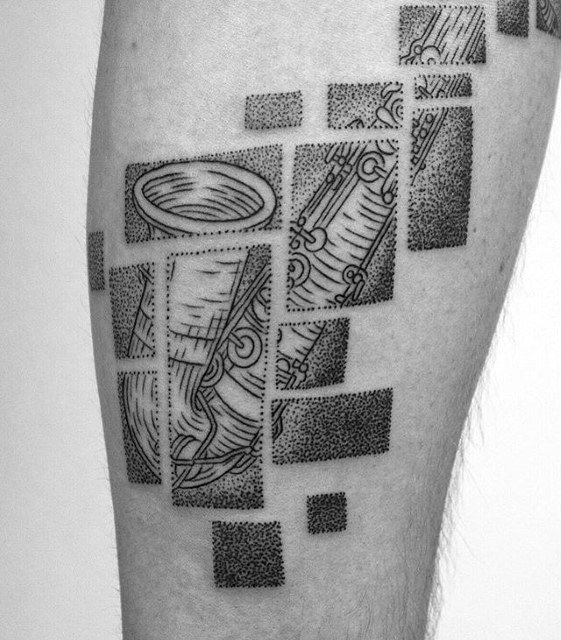 Dotwork Blocks Saxophone Mens Leg Tattoo