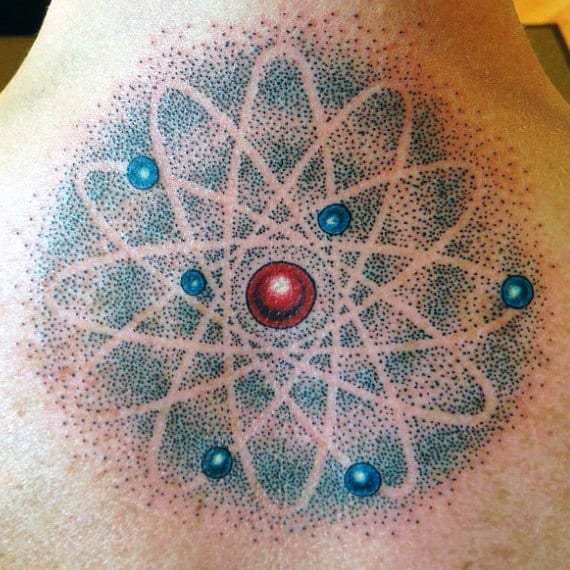 Dotwork Blue Atom Mens Upper Back Tattoo Design Ideas
