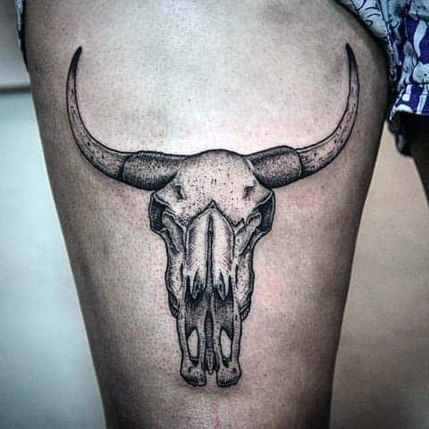 Dotwork Bull Skull Thigh Tattoo For Males