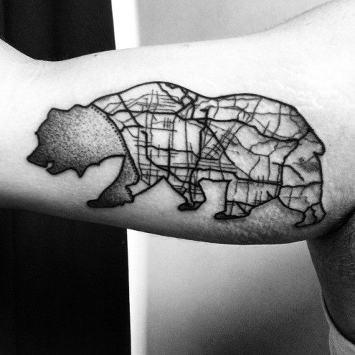 Dotwork California Road Map Guys Bear Inner Arm Tattoo Design Ideas