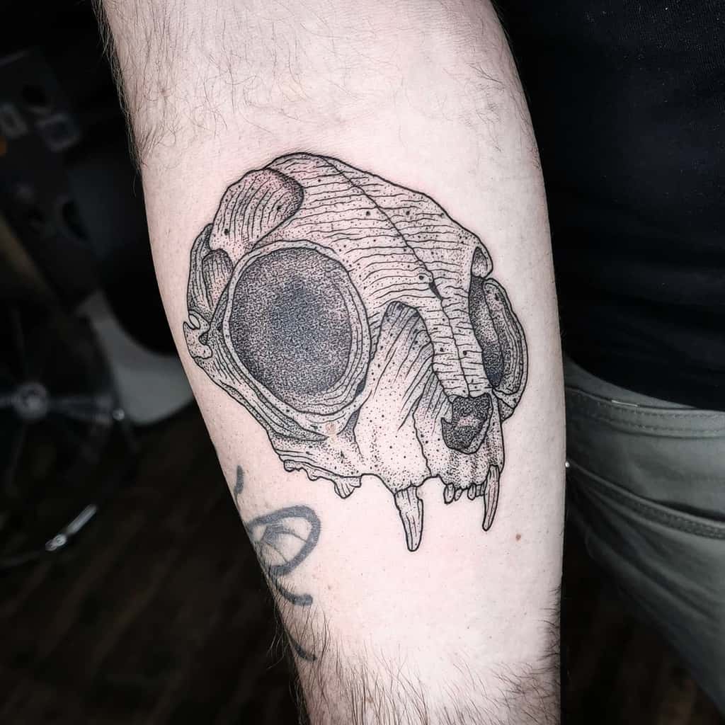 A detailed tattoo of a cat skull with large eye sockets on a forearm