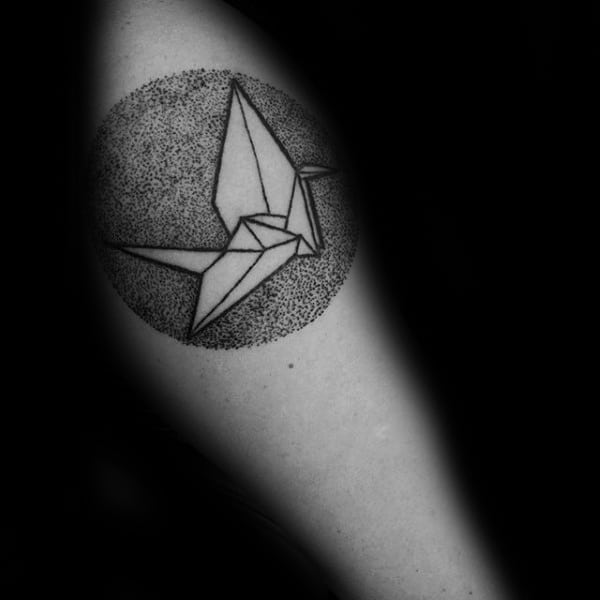 Dotwork Circle Origami Bird Tattoo On Male