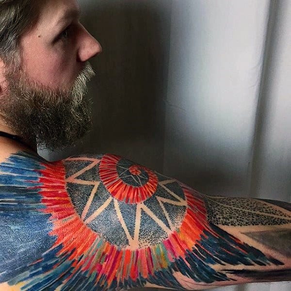 Dotwork Colorful Guys Artistic Half Sleeve Tattoos
