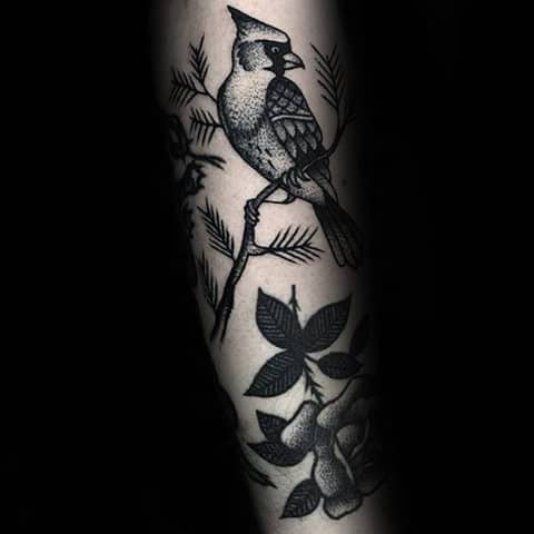 Dotwork Detailed Grey And Black Ink Male Cardinal Bird Tattoo On Arms