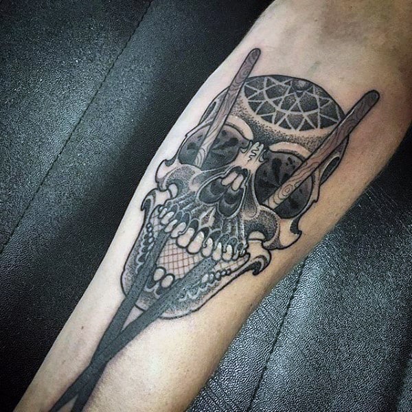 Dotwork Drum Stick Tattoo For Men On Inner Forearm