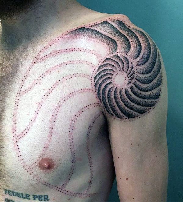 Dotwork Fibonacci Spiral Mens Seashell Tattoo On Shoulder And Chest