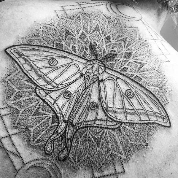 Dotwork Floral Gometrical Pattern Moth Tattoos For Guys On Back
