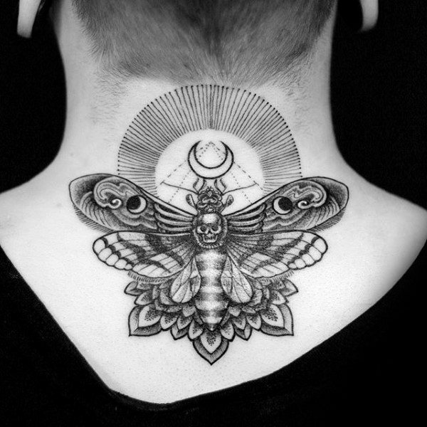 Dotwork Floral Guys Upp Back And Neck Moth Tattoo