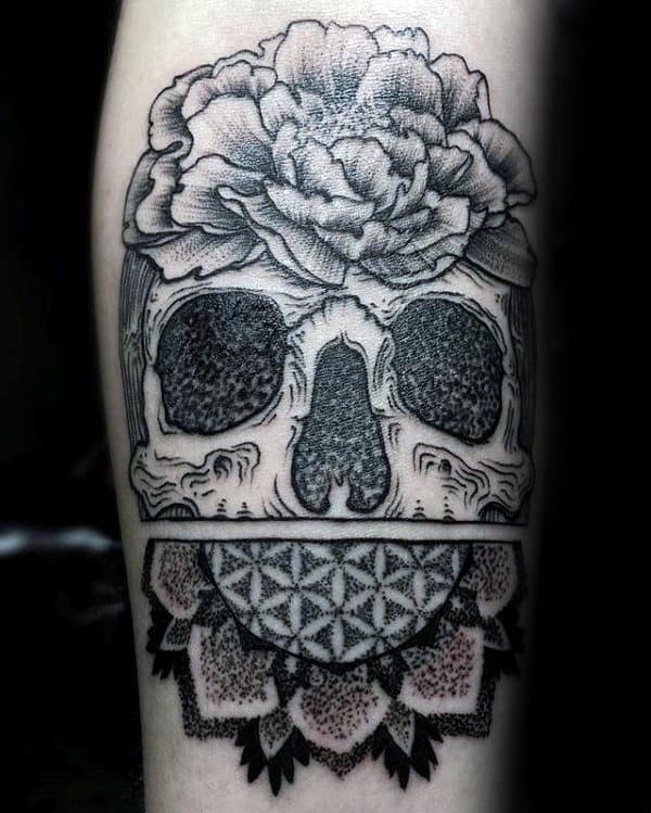 Dotwork Flower Of Life Peony Flower With Skull Mens Arm Tattoos