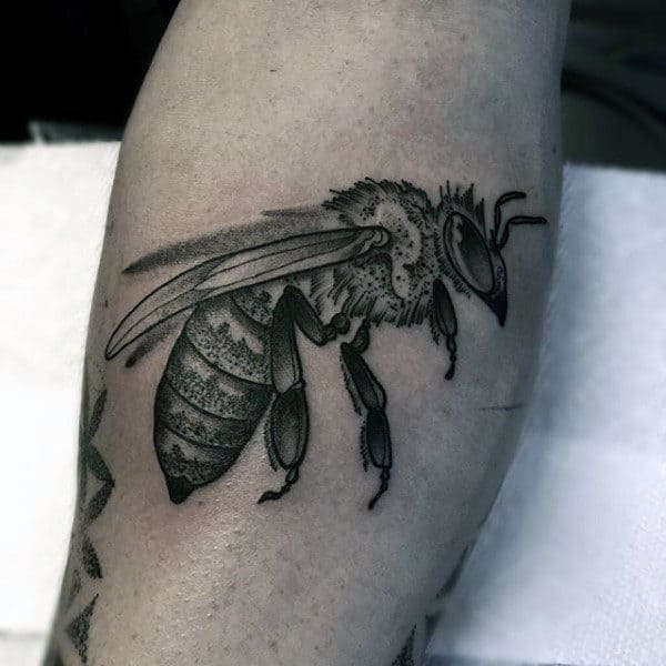 Dotwork Flying Bee Mens Leg Calf Tattoos