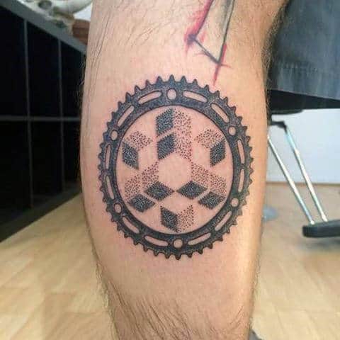 Dotwork Geometric Pattern Sprocket Male Leg Tattoo