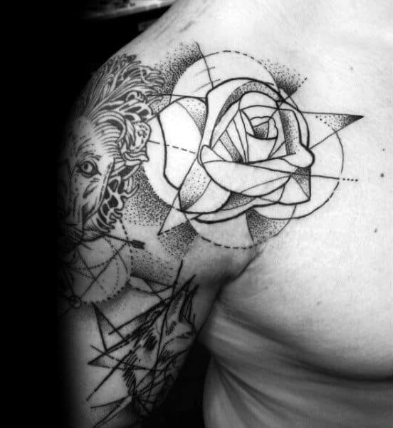 Dotwork Geometric Rose Male Shoulder Tattoo