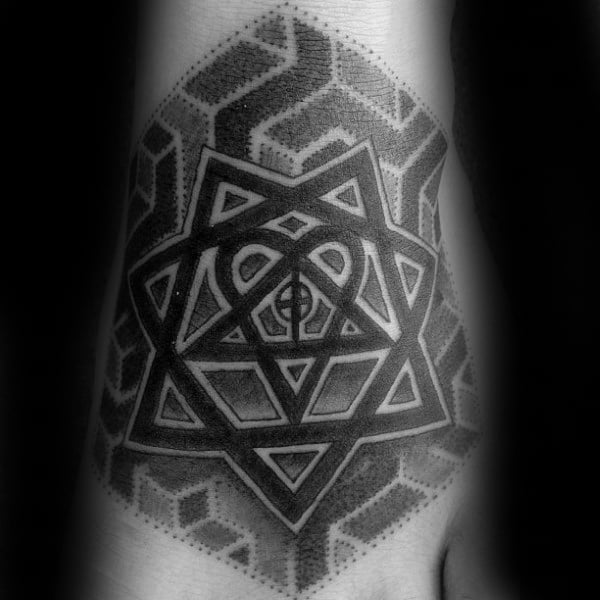 Dotwork Geometrical Heartagram Pattern Mens Foot Tattoo