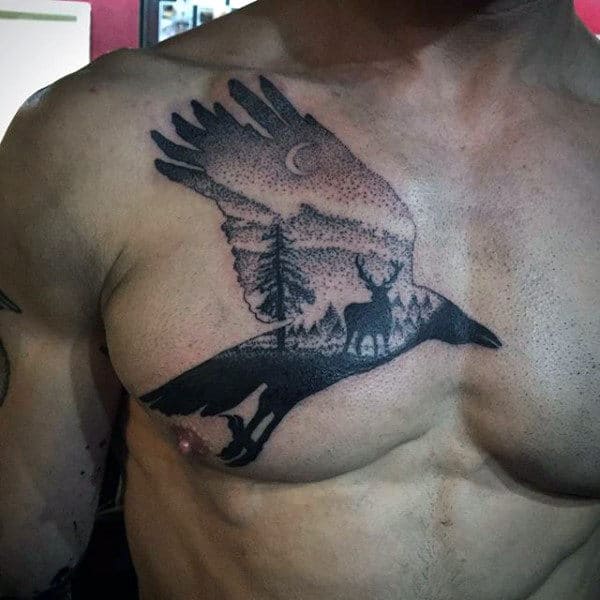 Dotwork Guys Crow Deer In The Forest Chest Tattoo Ideas