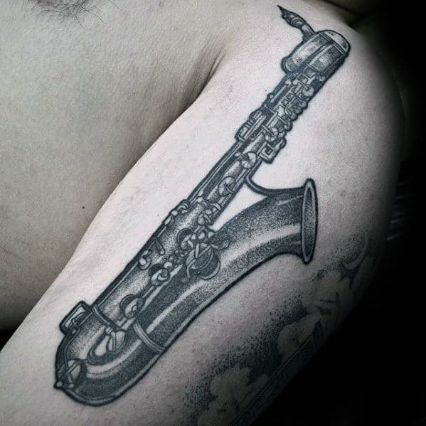 Dotwork Guys Detailed Saxophone Upper Arm Tattoo