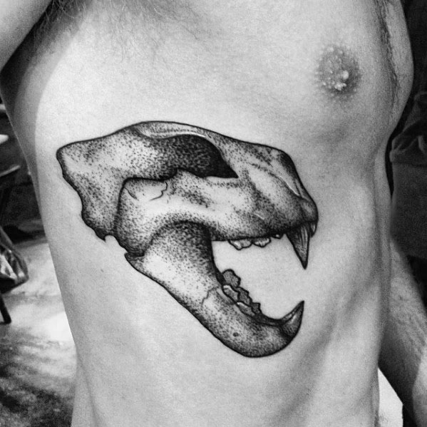 Dotwork Guys Lion Skull Rib Cage Side Tattoos