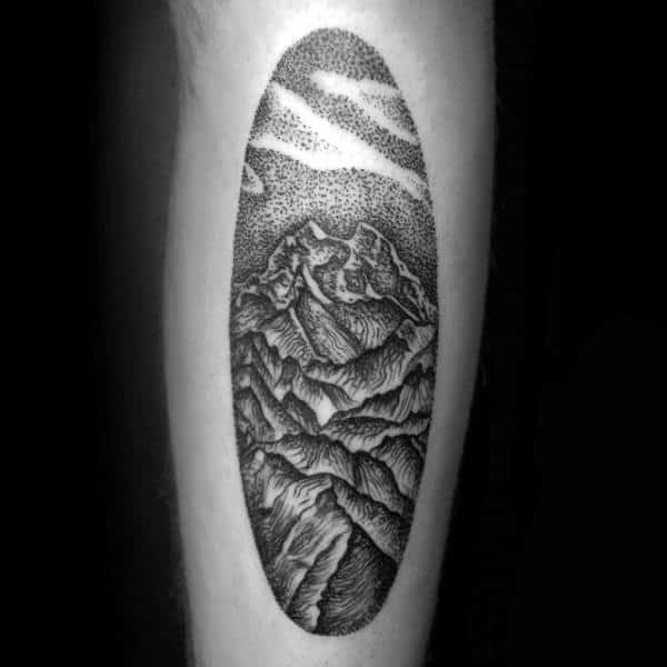 Dotwork Guys Shin Skiing Tattoo Of Mountains