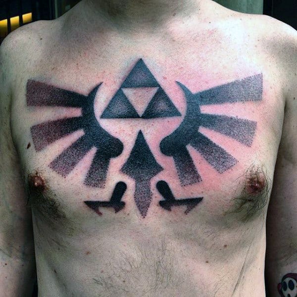 Dotwork Guys Triforce Chest Tattoo Designs With Black Ink
