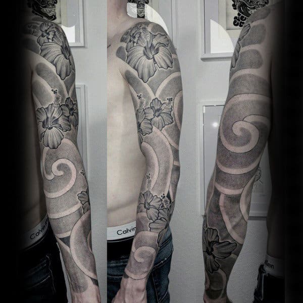 Dotwork Hibiscus Flower Mens Full Sleeve Tattoo