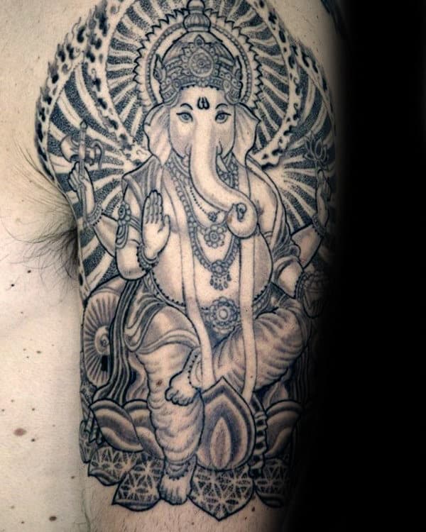 Dotwork Indian Religion Ganesh Mens Half Sleeve Tattoo Designs