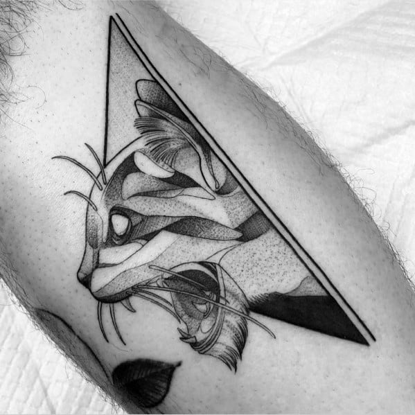 Geometric blackwork cat tattoo with intricate shading and abstract elements, creating a modern and artistic design.