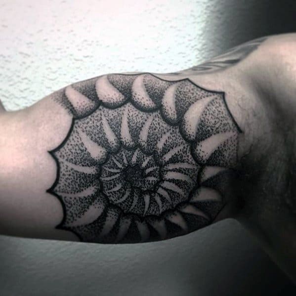 Dotwork Inner Arm Bicep Masculine Ammonite Tattoos For Men