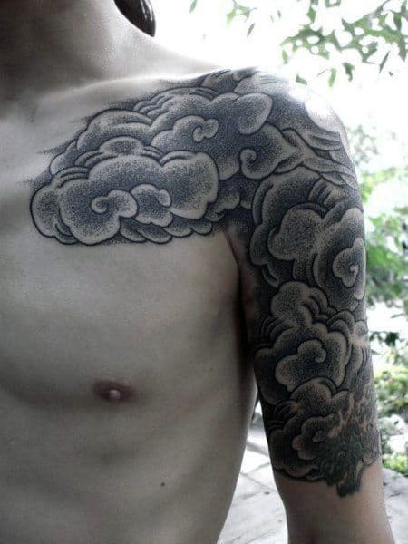 Dotwork Japanese Clouds Mens Half Sleeve And Chest Tattoos