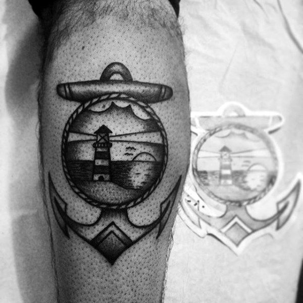 Dotwork Lighthouse Traditional Anchor Mens Tattoo On Leg Calf